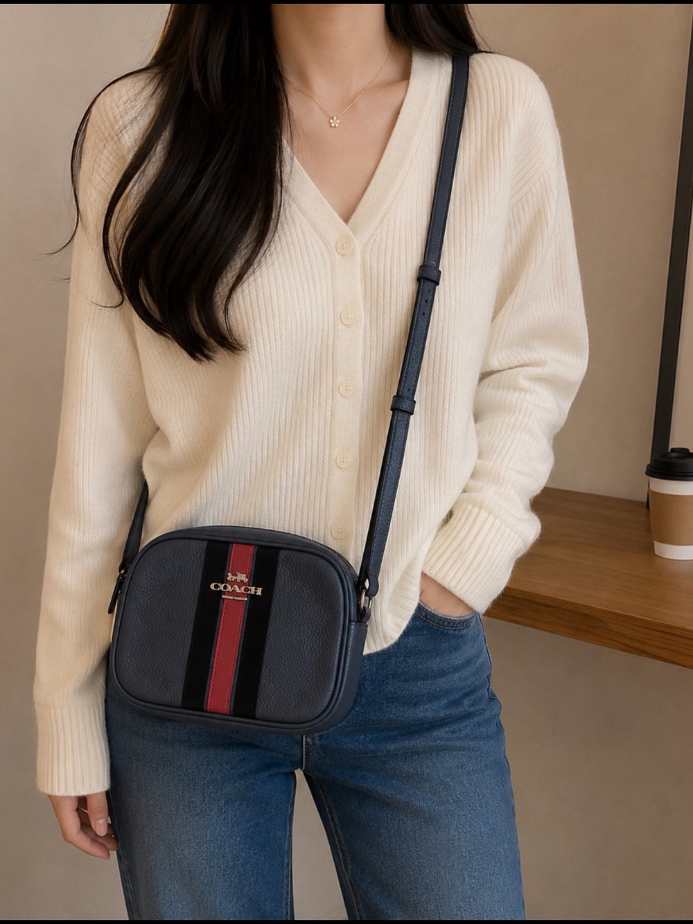 Coach Navy Pebbled Leather Crossbody with Red and Black Stripe